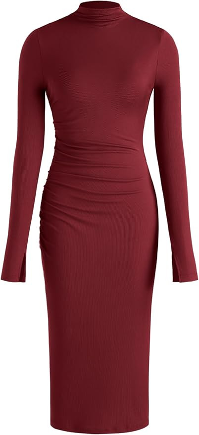 CIDER Long Sleeve Dress for Women - High Neck Ribbed Knit Bodycon Ruched Midi Dress 2024 Cocktail... | Amazon (US)