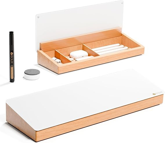 Glass Desktop Whiteboard with Wood Organizer for Small Office Accessories, Aesthetic Desk Dry Era... | Amazon (US)