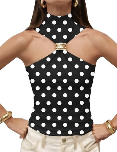 Ymejia Womens Sleeveless Polka Dot Halter Tops Twist Front Slim Fit Summer Date Night Clubwear White Polka Dot Top Turtleneck Tank Tops | Amazon (US)