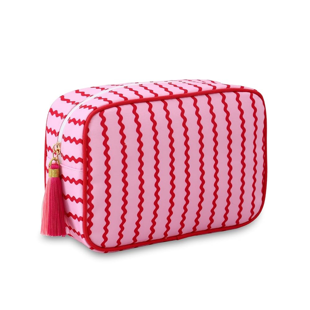 Stripe Makeup Bag Travel Cosmetic Bag Organizer Tassel Toiletry Bag Large Canvas Zipper Pouch and... | Amazon (US)
