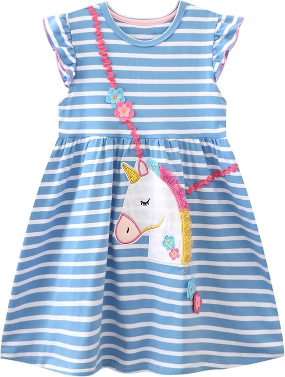 FreeLu Toddler Girls Striped Summer Dress Cartoon Appliques Dresses Girls Cotton Casual Clothing ... | Amazon (US)