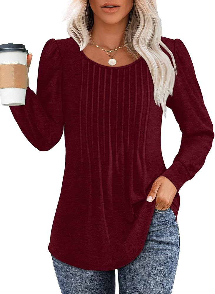 OFEEFAN Long Sleeve Shirts for Women Fall Tops Dressy Casual Blouses Pleated Scooped Neck Tunic T... | Amazon (US)