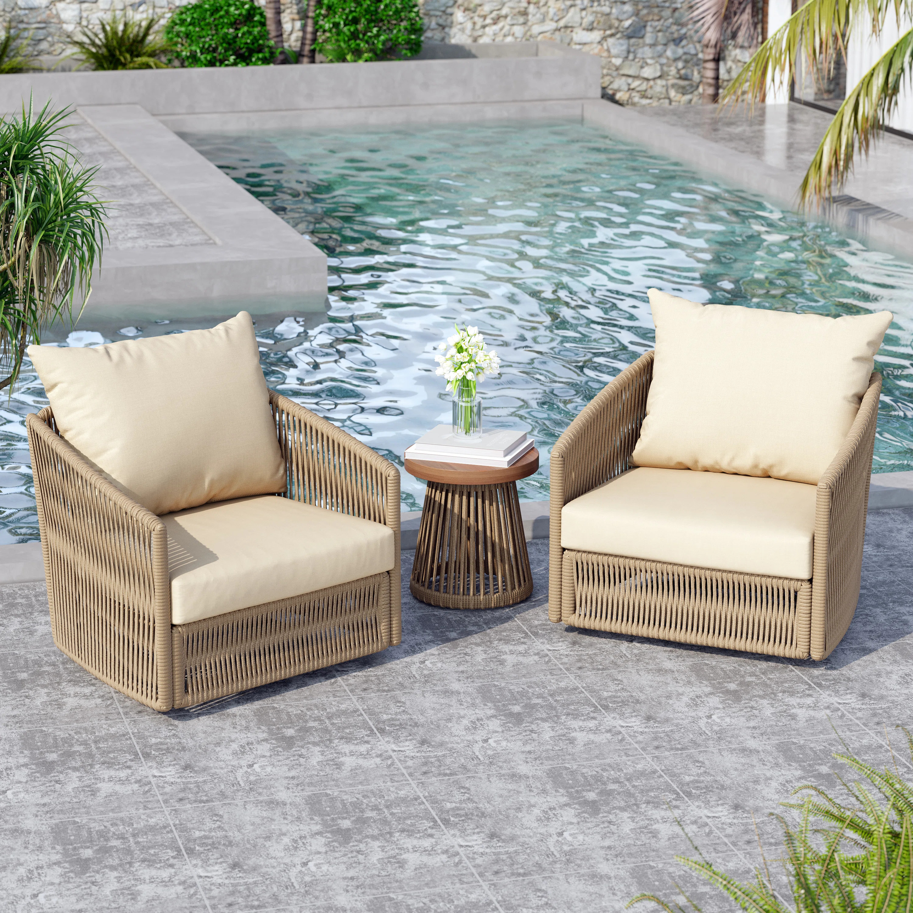 Swivel Patio Chair Set with Cushions and End Table | Wayfair North America