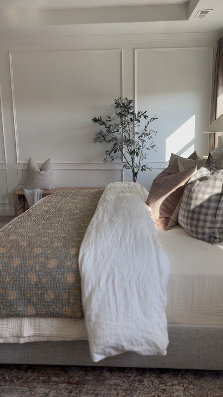 I can’t believe how different our primary looks in only a matter of weeks. I’m so thrilled with how it turned out! The wall trim was an easy DIY that enhanced our room so much. I did 6” apart vertically and horizontally 3” apart. And these throws are perfect for spring 🥰

#LTKstyletip #LTKSeasonal #LTKhome