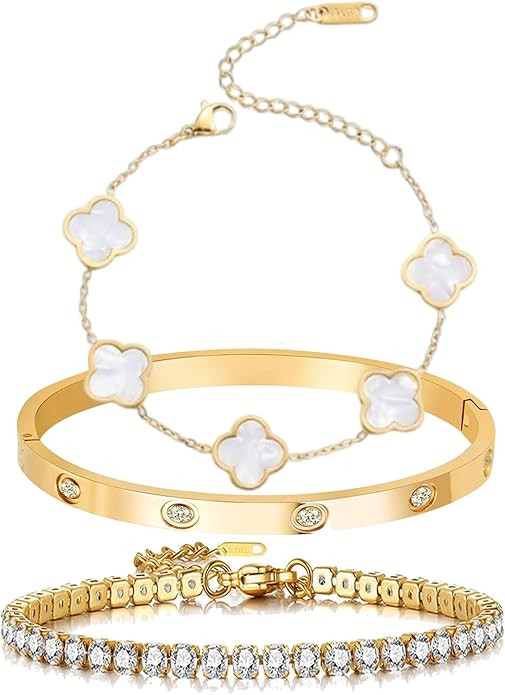 18K Gold Plated Tennis Bracelet Love Bangle Set for Women Stack Bracelets Stainless Steel Bangle ... | Amazon (US)