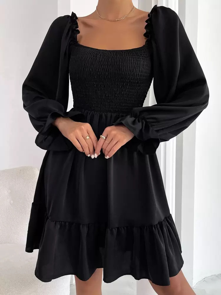 Square Neck Shirred Bodice Flounce Sleeve Ruffle Hem Dress | SHEIN