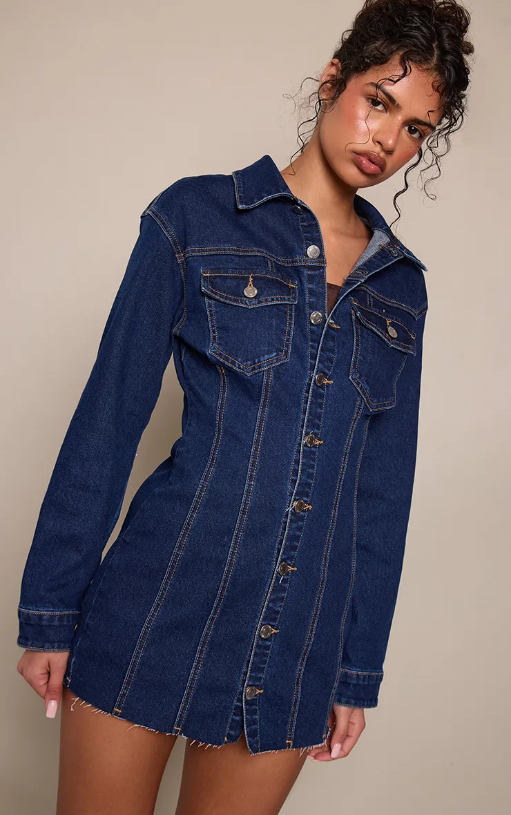 Blue PrettyLittleThing Long Sleeve Raw Hem Denim Shirt Dress | Boohoo USA | boohoo (US & Canada)