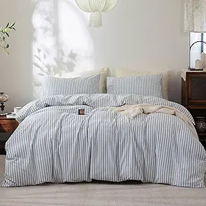 FOSSA Striped Duvet Cover Set 100% Washed Cotton Linen Feel Super Soft Breathable Cozy 3 Pieces B... | Amazon (US)