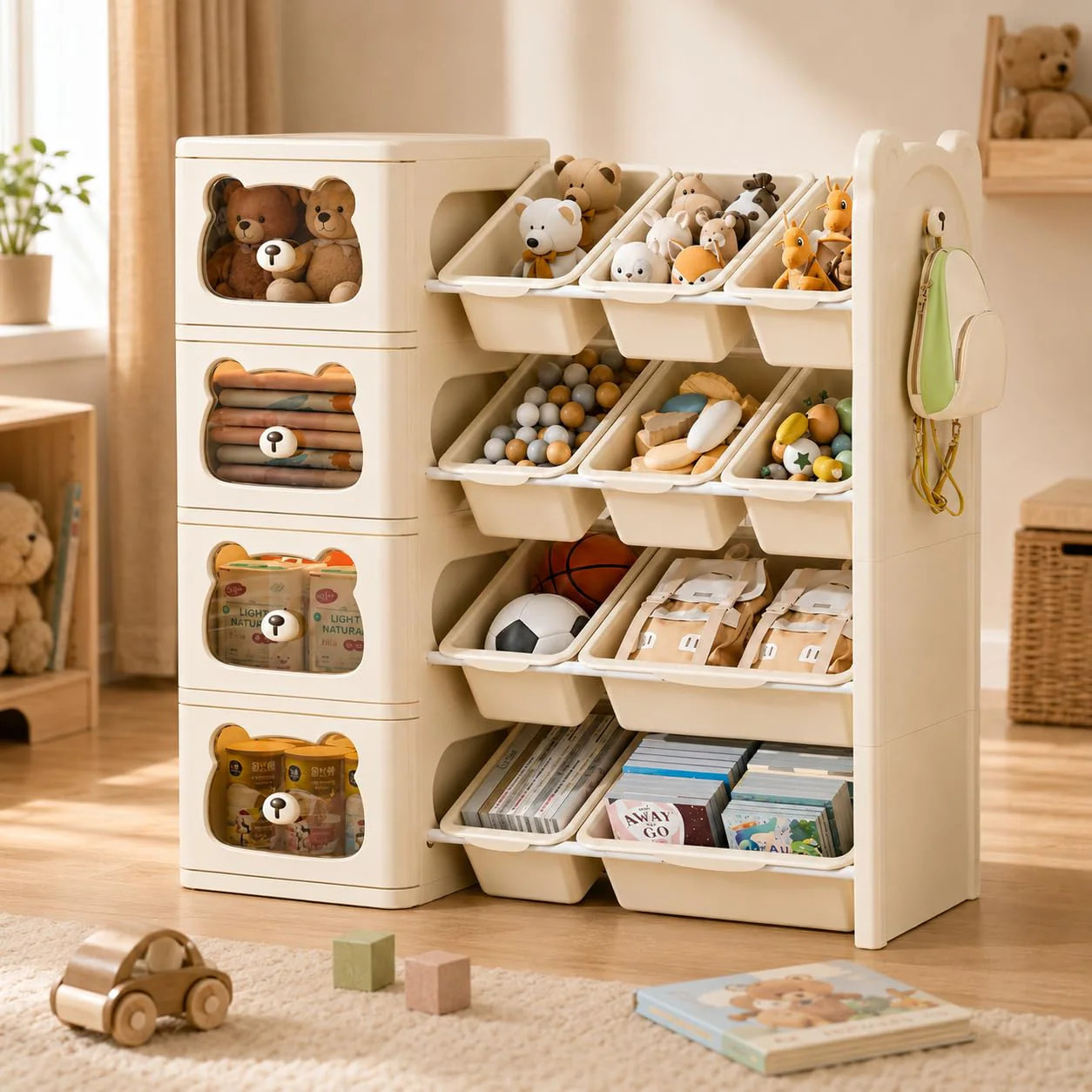 DHMHD Toy Storage Organizer Large Four Tier Book Shelf with Ten Toy Bins and Four Drawers Cute Bear Toy Organizers Box Bookcase for Nursery | Lowe's