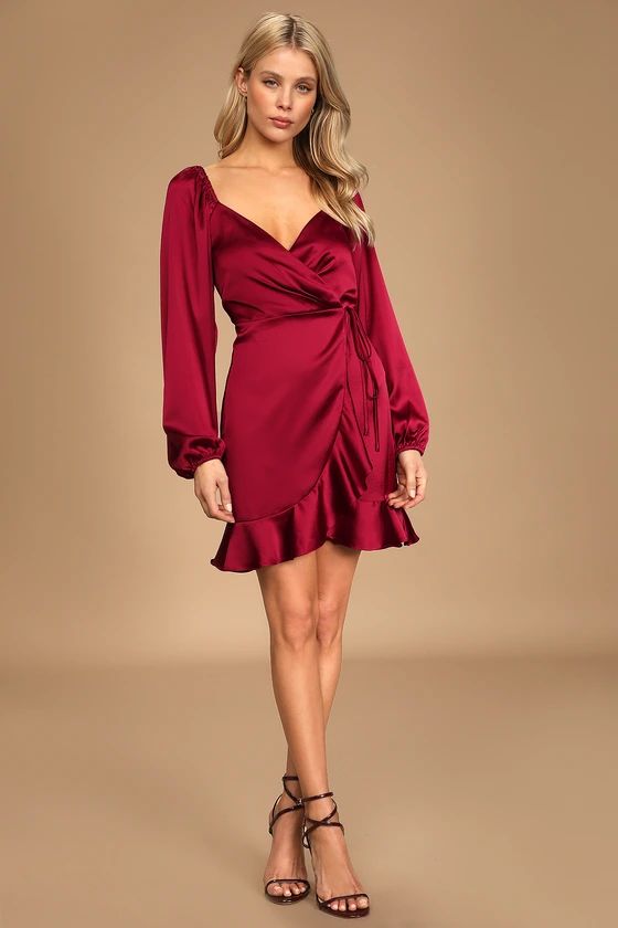 Life's a Cabaret Burgundy Satin Long Sleeve Ruffled Wrap Dress | Lulus (US)