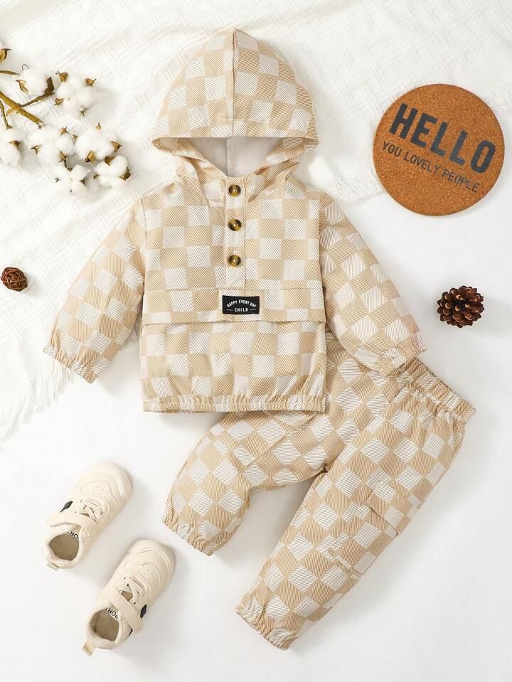 Baby Boy Checker Print Letter Patched Detail Hoodie & Sweatpants | SHEIN