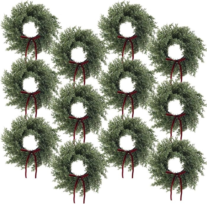 12 Set 12 Inches Christmas Pine Wreath with Red Bow, Cedar Wreaths with Bows Realistic Christmas ... | Amazon (US)