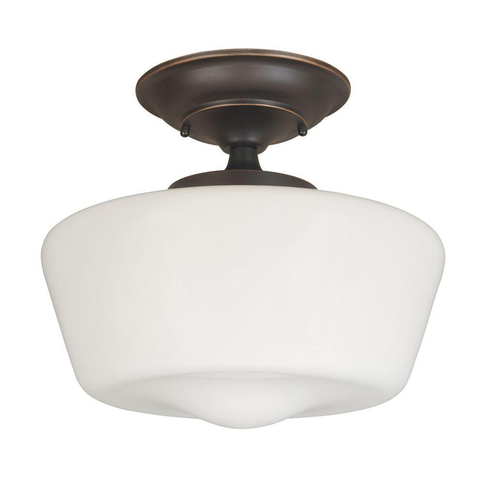 World Imports Luray 12 in. 1-Light Oil-Rubbed Bronze Semi-Flushmount Schoolhouse White Glass Shade-W | Home Depot