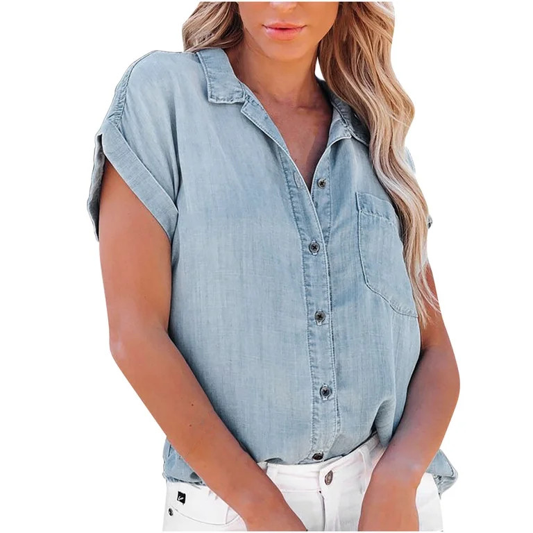 Women's Chambray Button Down Shirt with Chest Pockets Lapel V Neck Lightweight Short Sleeve Casua... | Walmart (US)