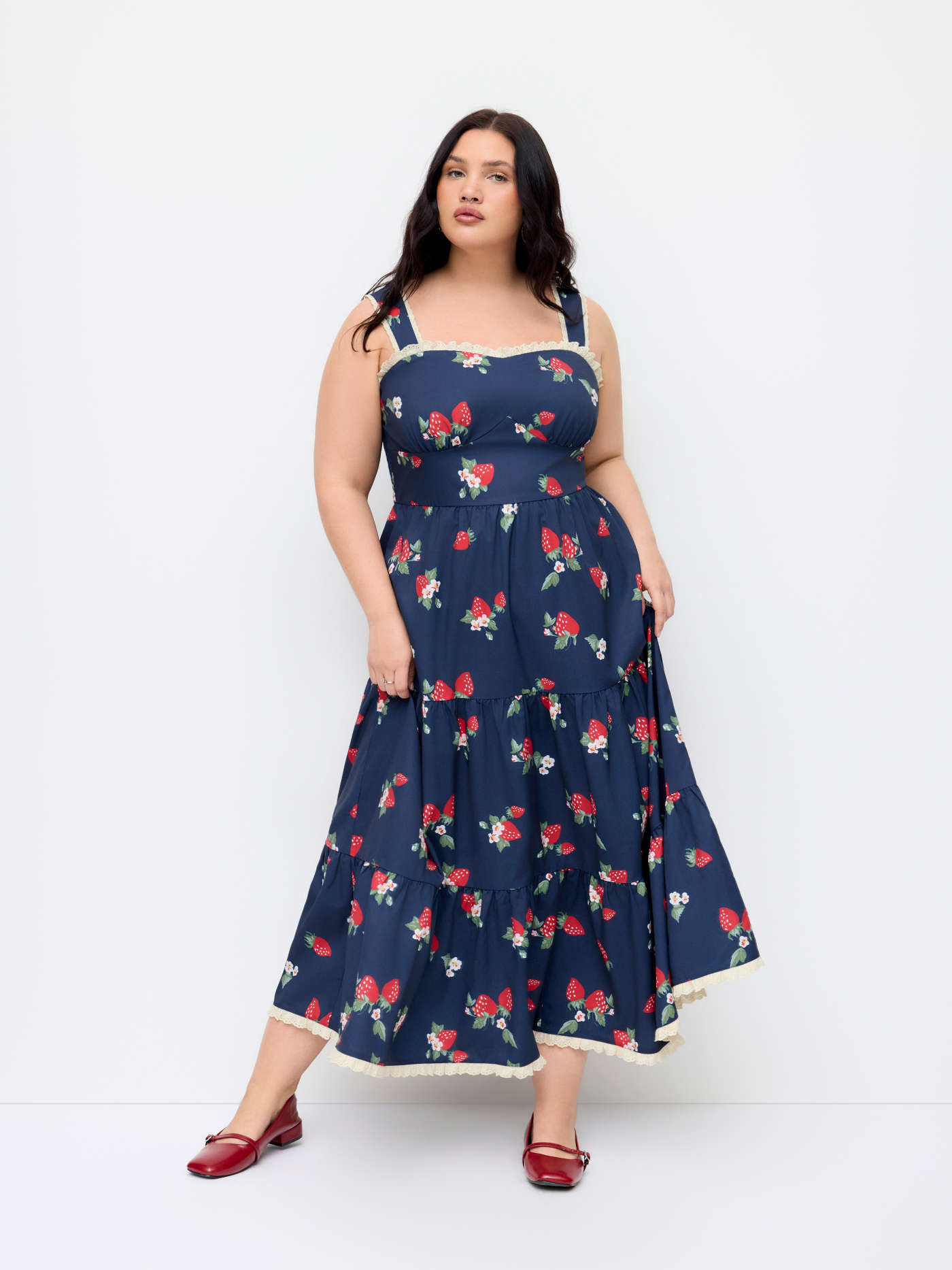 Woven Strawberry Ruffle Hem Maxi Dress Curve & Plus For Vacation | Cider