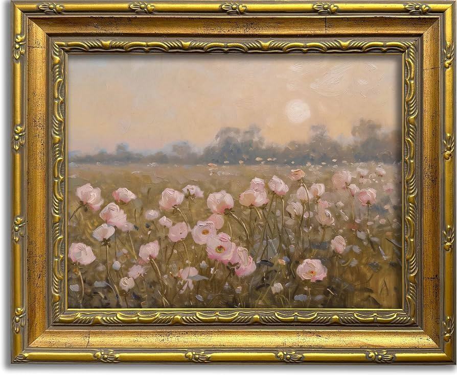 DR.RiftArt Vintage Wall Art Pastel Pink Wildflower Landscape Gold Framed Pink Flower Canvas Print... | Amazon (US)