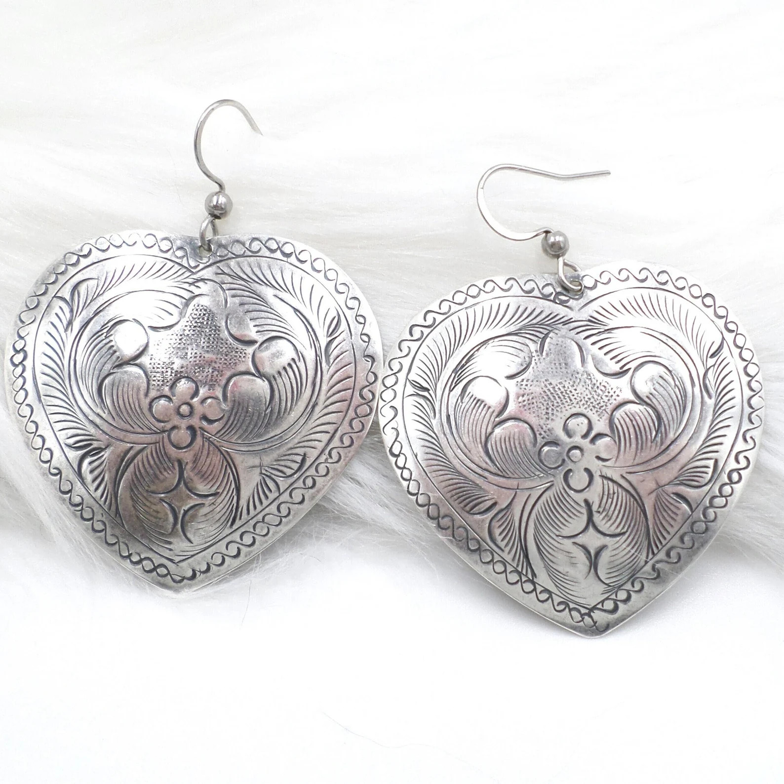 Large Sterling Silver Plated Heart Earrings, Hill Tribe Jewelry, Lightweight Big Statement Earrin... | Etsy (US)