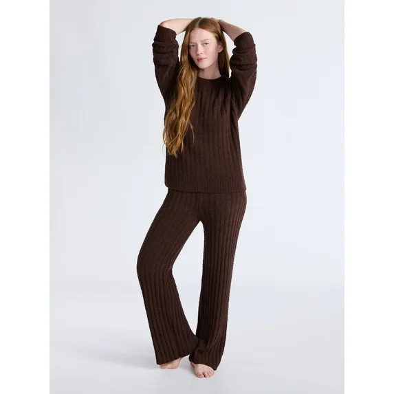 Joyspun Women's Cozy Ribbed Crewneck Top and Wide-Leg Pants Set, 2-Piece, Sizes XS-3X | Walmart (US)