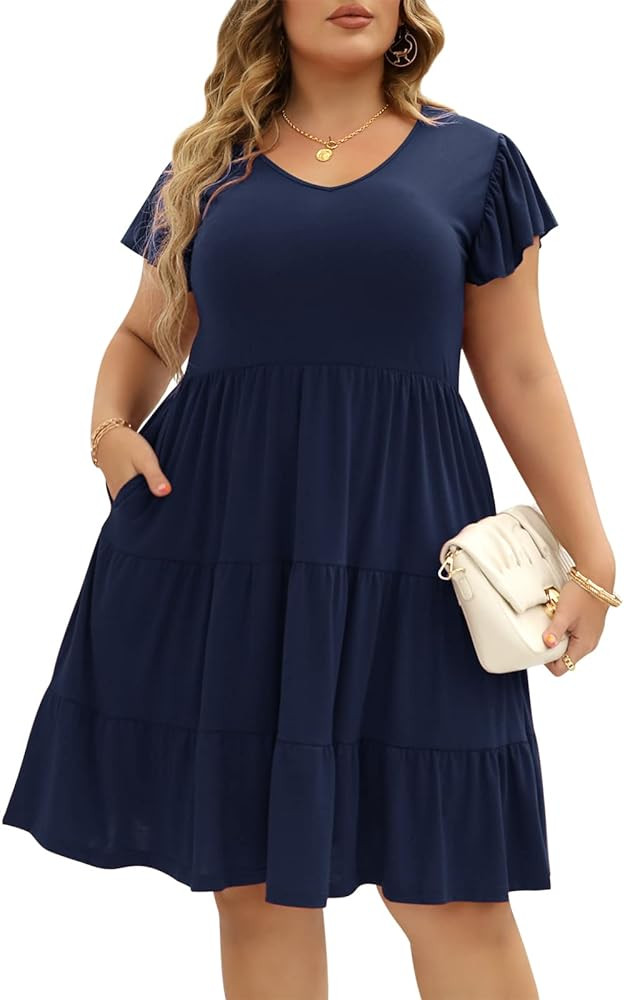 Celkuser Womens Plus Size Ruffle Sleeve Tiered Casual Summer Loose Swing Midi Dress with Pockets | Amazon (US)