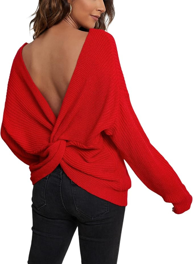 CMZ2005 Women's Casual V Neck Criss Cross Backless Long Batwing Sleeve Loose Knitted Sweater Pull... | Amazon (US)