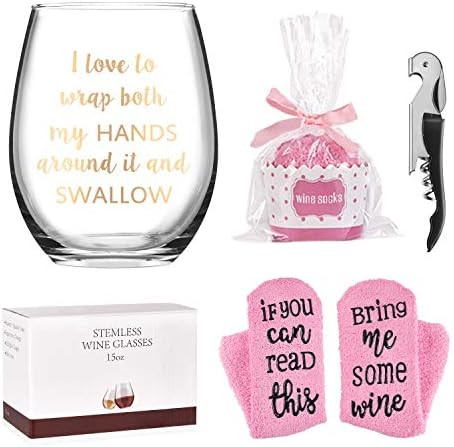 I Love Wrap Both My Hands Around It and Swallow It Stemless Wine Glass with Cupcake Wine Socks and B | Amazon (US)
