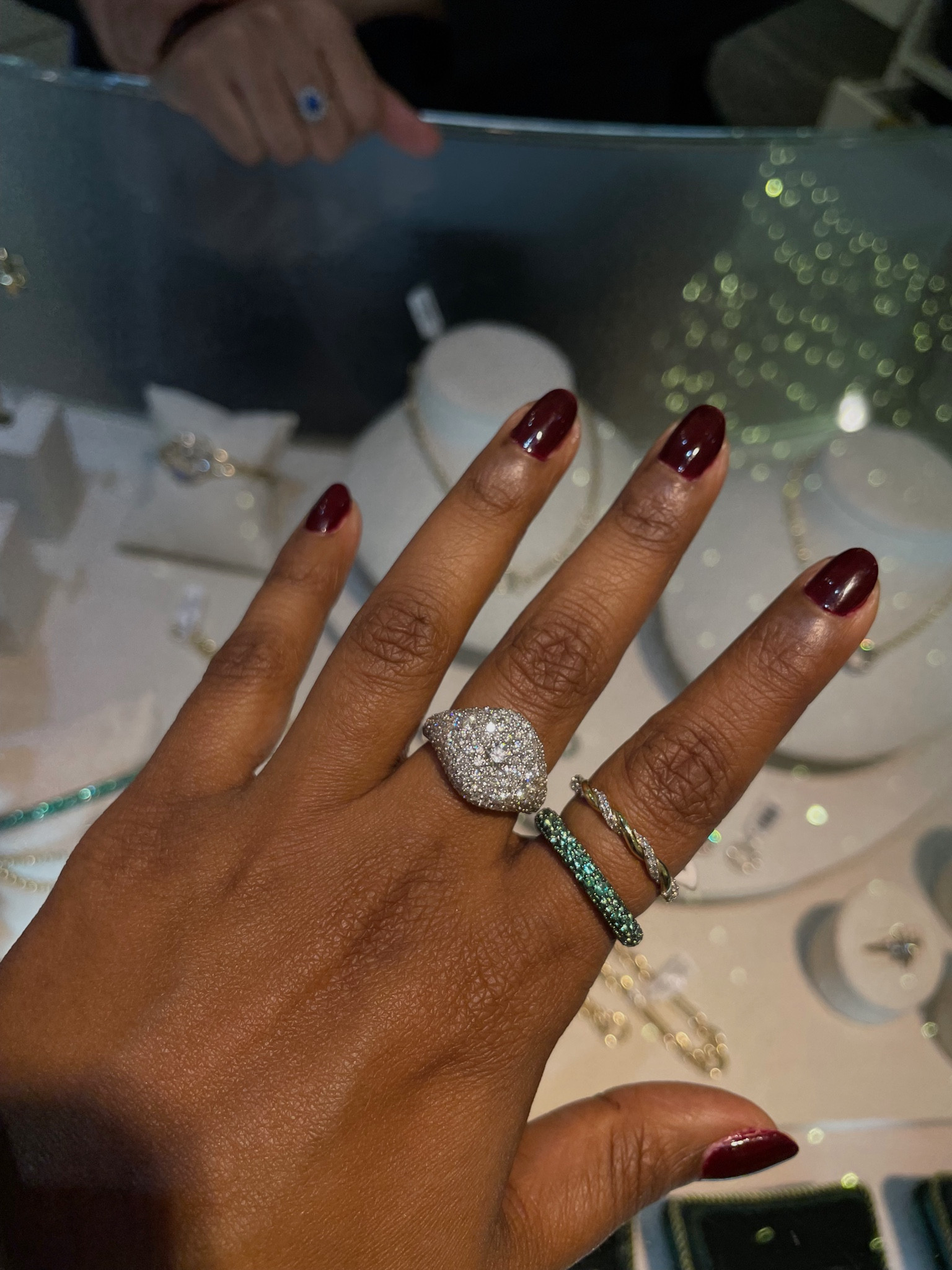 Lucy Delius rings 
Diamond signet 
Diamond ring 
Emerald ring 