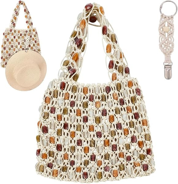 Boho Beaded Hobo Bag 12.6x20.5 Colorful Beaded Beach Tote Handbag Summer Knit Crochet Shoulder Bag with Cotton Hat Clips Beach Knitting Hat Clip Handmade Rattan Purse for Women Party Vacation | Amazon (US)