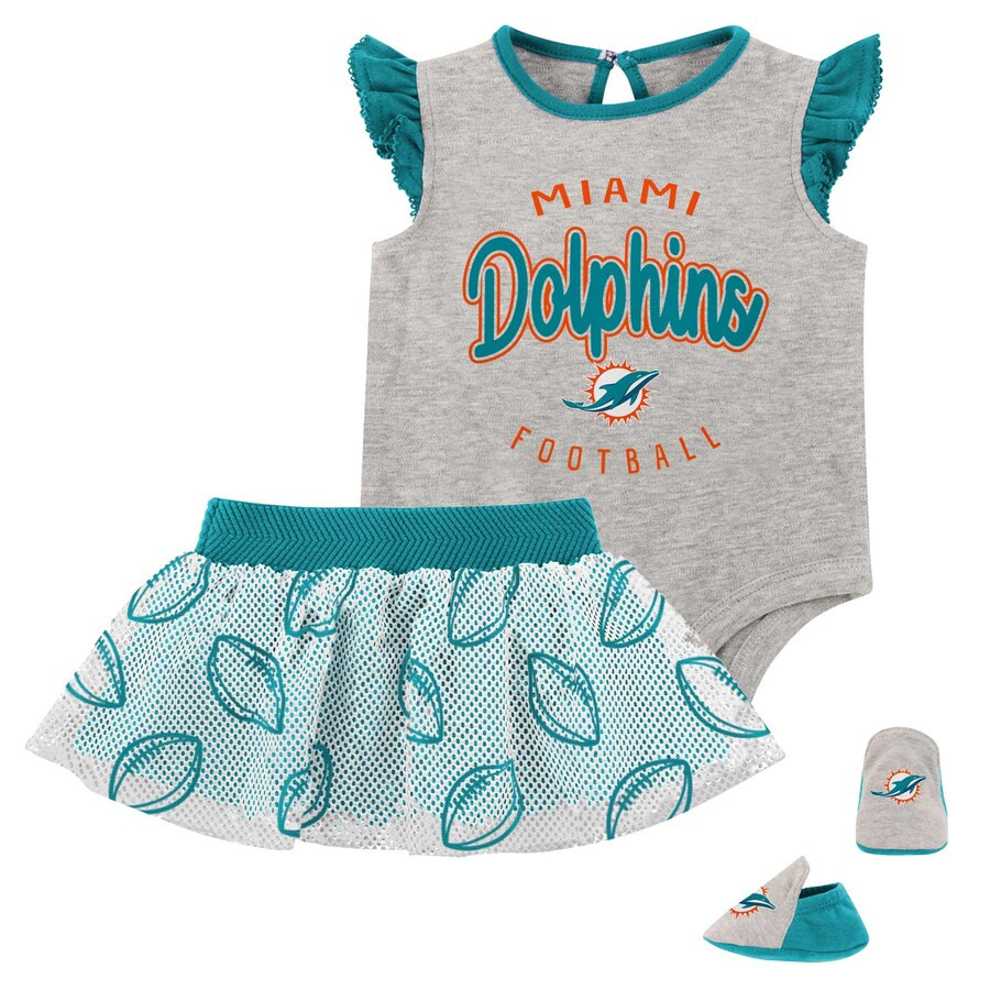 Miami Dolphins Girls Infant All Dolled Up Three-Piece Bodysuit, Skirt & Booties Set - Heather Gra... | Fanatics