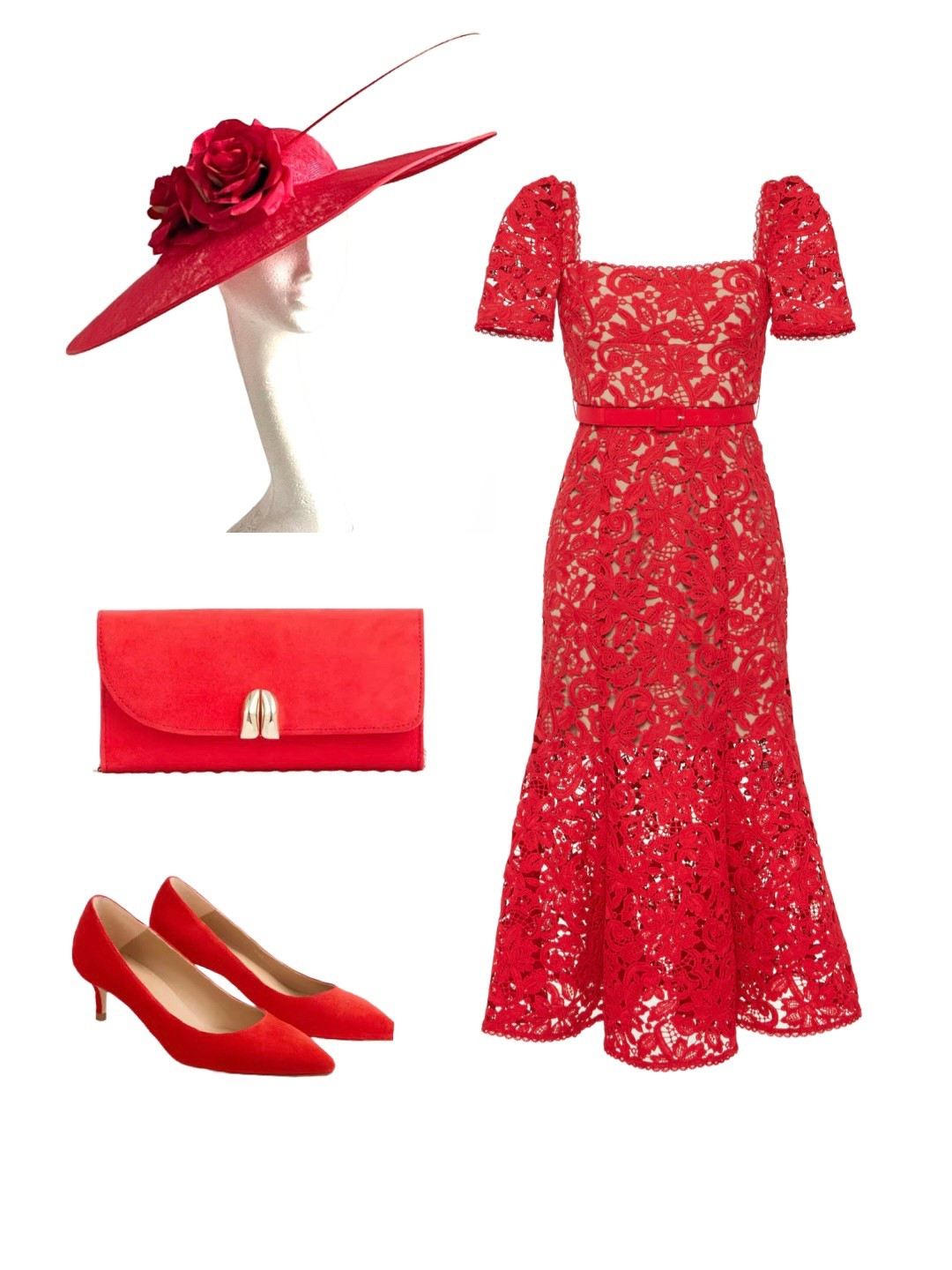 An occasion outfit that looks like a million dollars without costing it! 

On Sale - Self Portrait Red Lace Dress (final pieces) - MyTheresa

Red Statement Hat with Rose - Etsy

Red Clutch Bag and Red Suede Audrey Low Heels - LK Bennett (currently with 20% off for a limited time!) 

#LTKsale #LTKuk #LTKspring