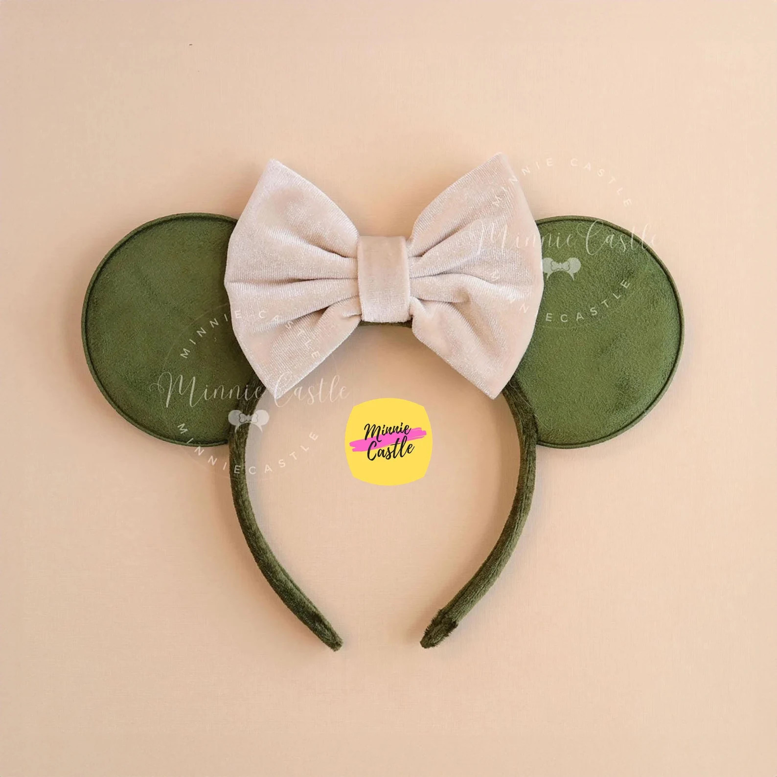 Khaki Green Mouse Ear, Mickey Ears with Beige Bow, Minnie Ears, Velvet Mickey Ears, Mouse Ears He... | Etsy (Global)