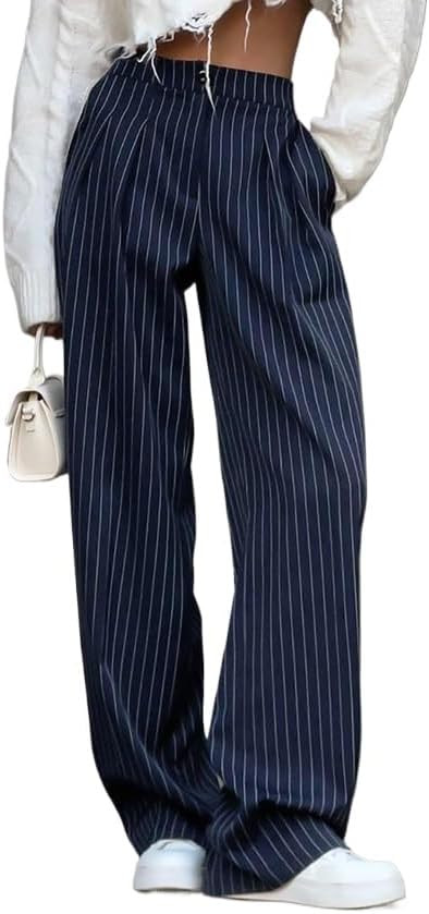 Women's Wide Leg Pants Business Casual Straight Office Trousers Striped High Waisted Pants with P... | Amazon (US)