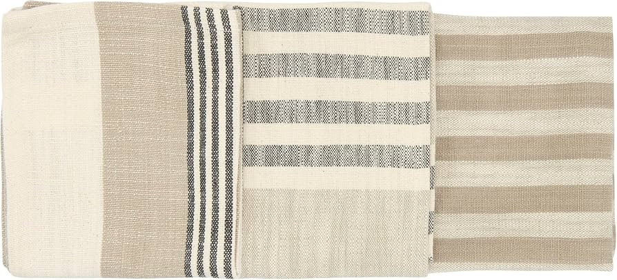 Creative Co-Op Tan & Grey Striped Cotton Tea Towels (Set of 3 Pieces) Entertaining Textiles, Grey... | Amazon (US)
