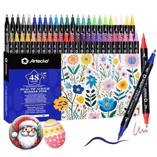 Artecho Acrylic Paint Markers 48 Colors, Acrylic Paint Pens with Brush Tip and Fine Tip for Stone, Rock Painting, Paper, Pumpkin, Wood, Egg, Canvas, Ceramic, Fabric, leather, Glass, DIY Crafts | Amazon (US)