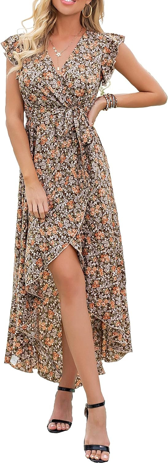 GRECERELLE Women's Summer Floral Print Cross V Neck Dress Bohemian Flowy Long Maxi Dresses | Amazon (US)