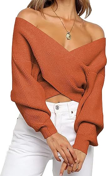 BTFBM Women Casual V Neck Long Sleeve Sweaters Cross Wrap Front Off Shoulder Asymmetric Hem Knitt... | Amazon (US)