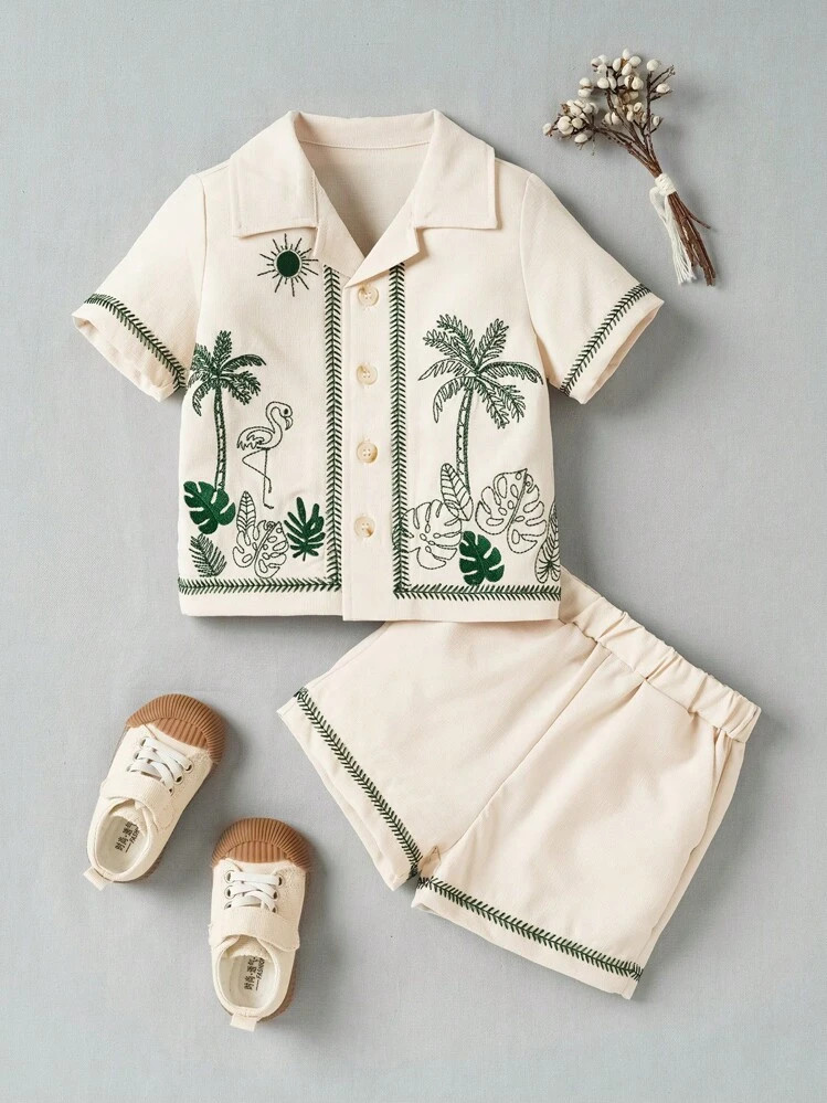 Souflis Souflis Baby Boy Fashionable Embroidered Tropical Short Sleeve Shirt And Shorts Set For Spring/Summer Vacation | SHEIN