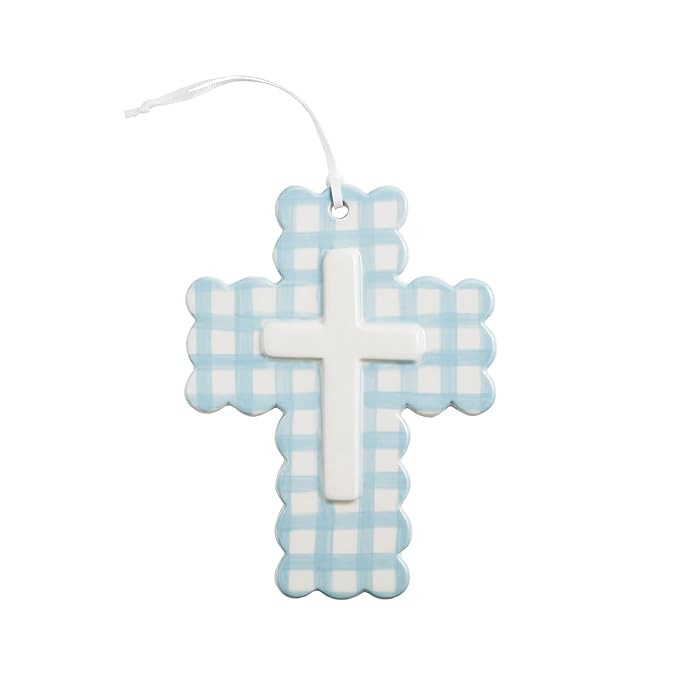 Mud Pie Blue Ceramic Gingham Decorative Cross | Amazon (US)