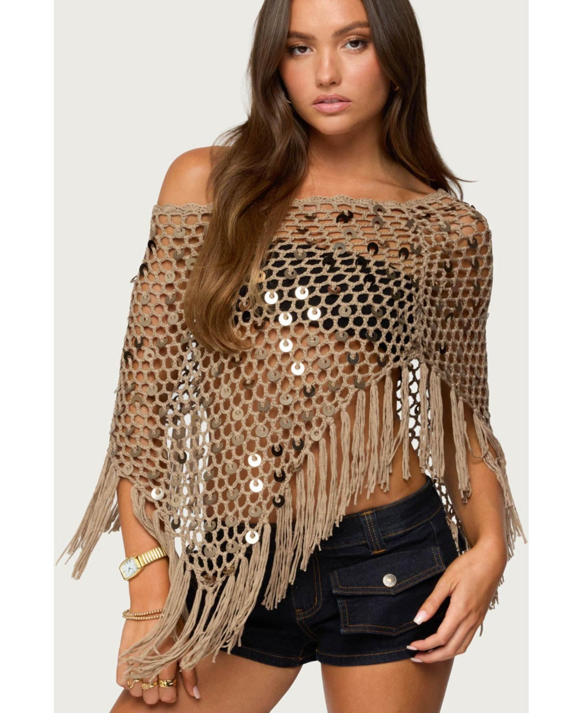 Edikted Women's Fringe Sequin Crochet Poncho - Tan | Macy's