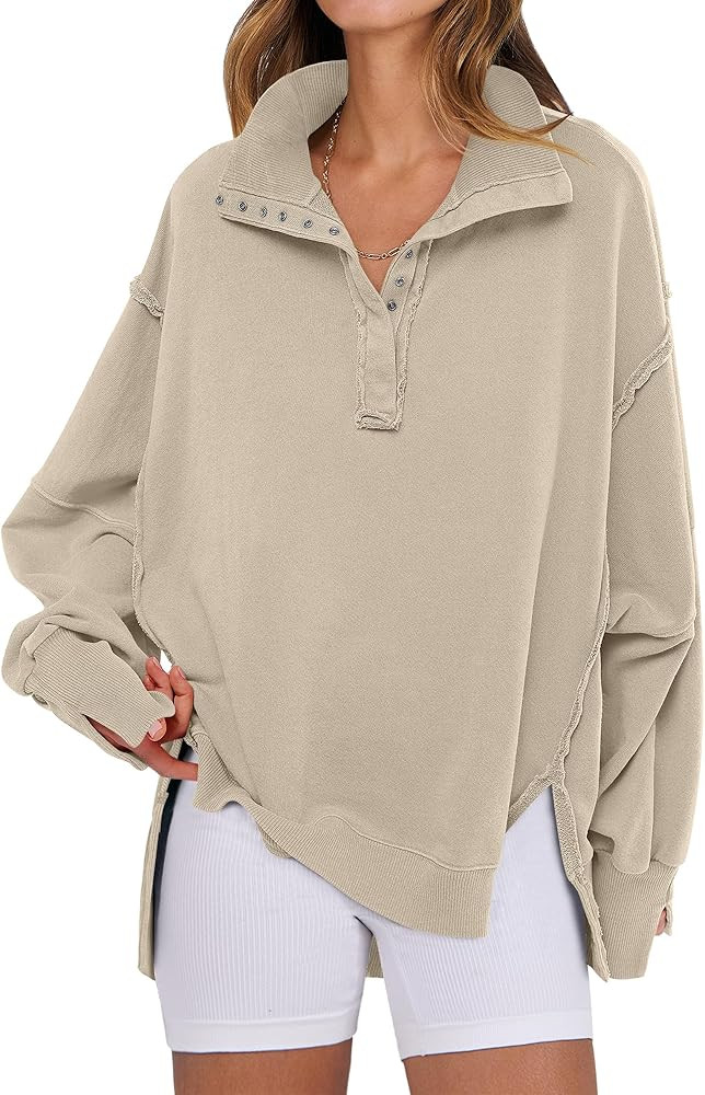 ANRABESS Women's Sweatshirts Oversized Casual Loose Button Up Henley Pullover Top High Low Split ... | Amazon (US)