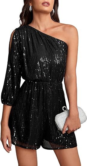 Zexxxy Women's Sparkly Glitter Sequins Rompers One Shoulder Sleeve Party Outfits Night Out Club E... | Amazon (US)