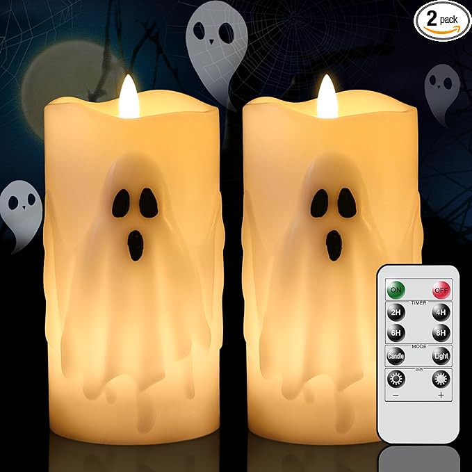 Halloween Ghost Flameless Pillar Candles with Remote Timer, Battery Operated LED Candles for Hall... | Amazon (US)