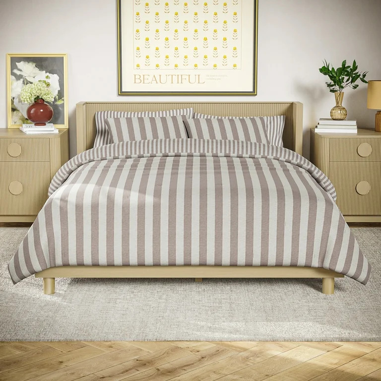 Beautiful 100% Cotton Striped 3-Piece Natural Comforter Set, Full/Queen by Drew Barrymore | Walmart (US)