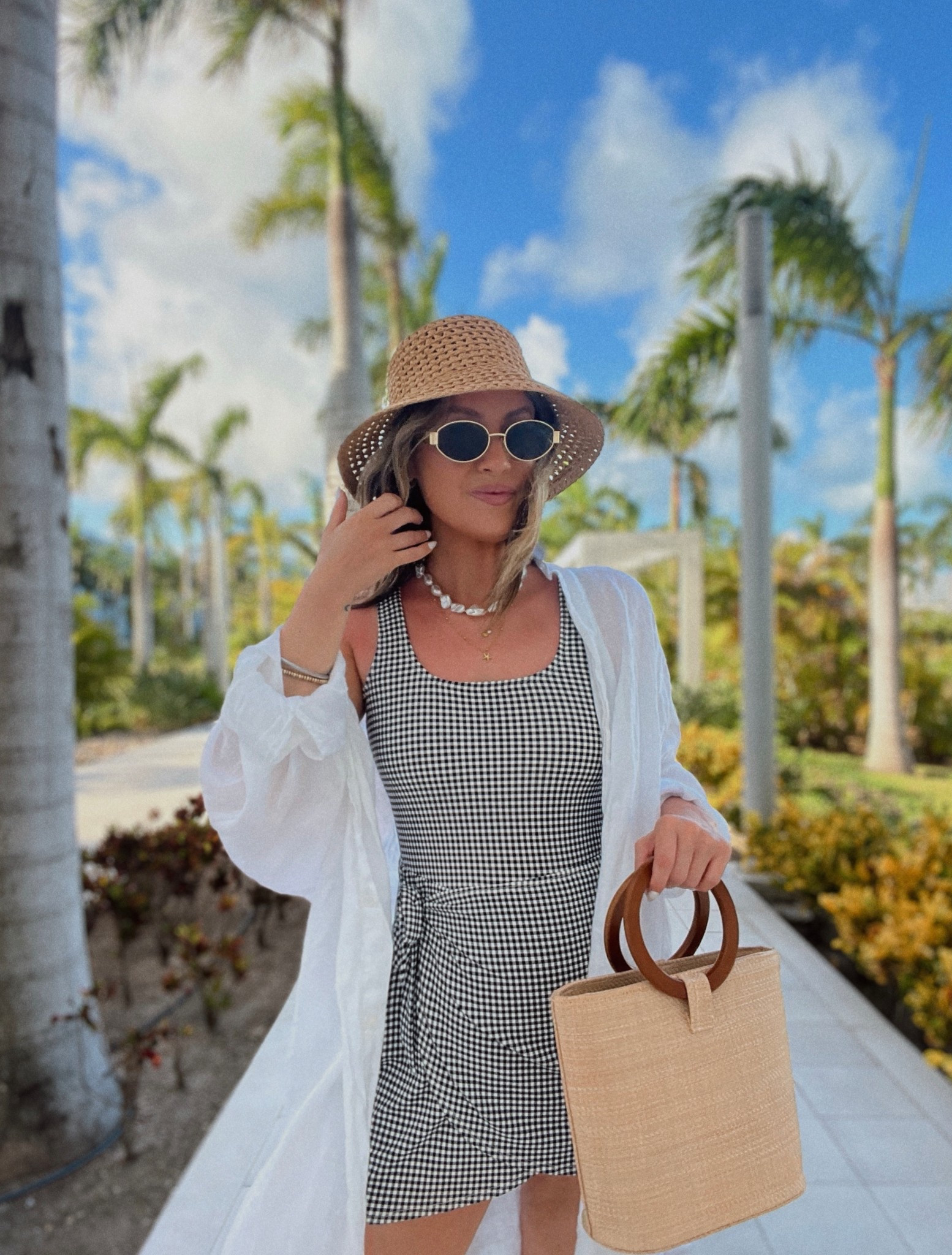 Vacation beach essentials / full coverage swim dress (small) / white button down cover up (xl)