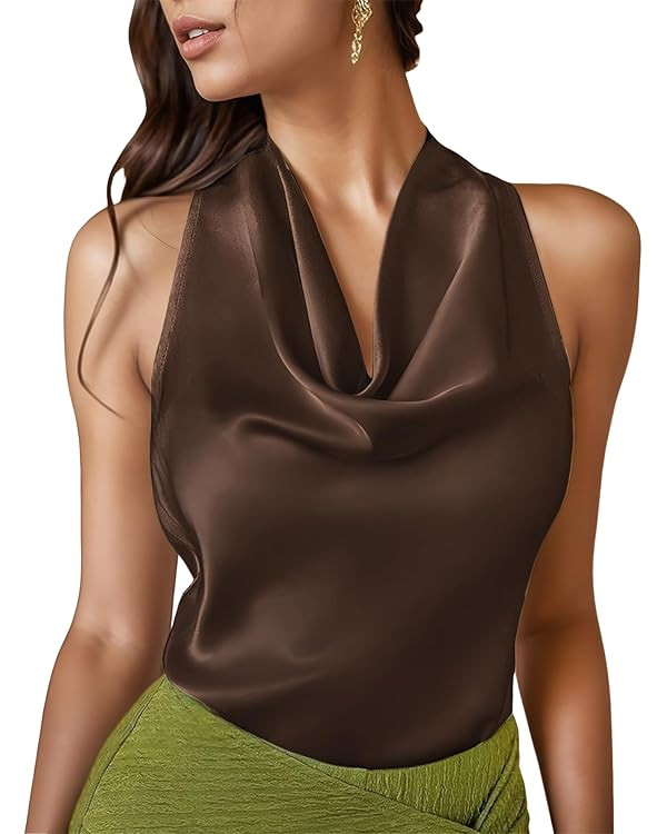 Cowl Neck Halter Tops for Women Silk Satin Going Out Tank Top Trendy Summer Camisole Business Cas... | Amazon (US)