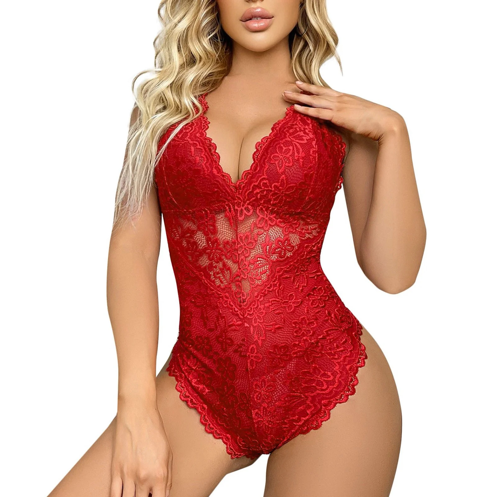 Nisorays Sexy Lingerie for Women Lace Teddy Lingerie Snap Crotch Bodysuit Red M - Walmart.com | Walmart (US)