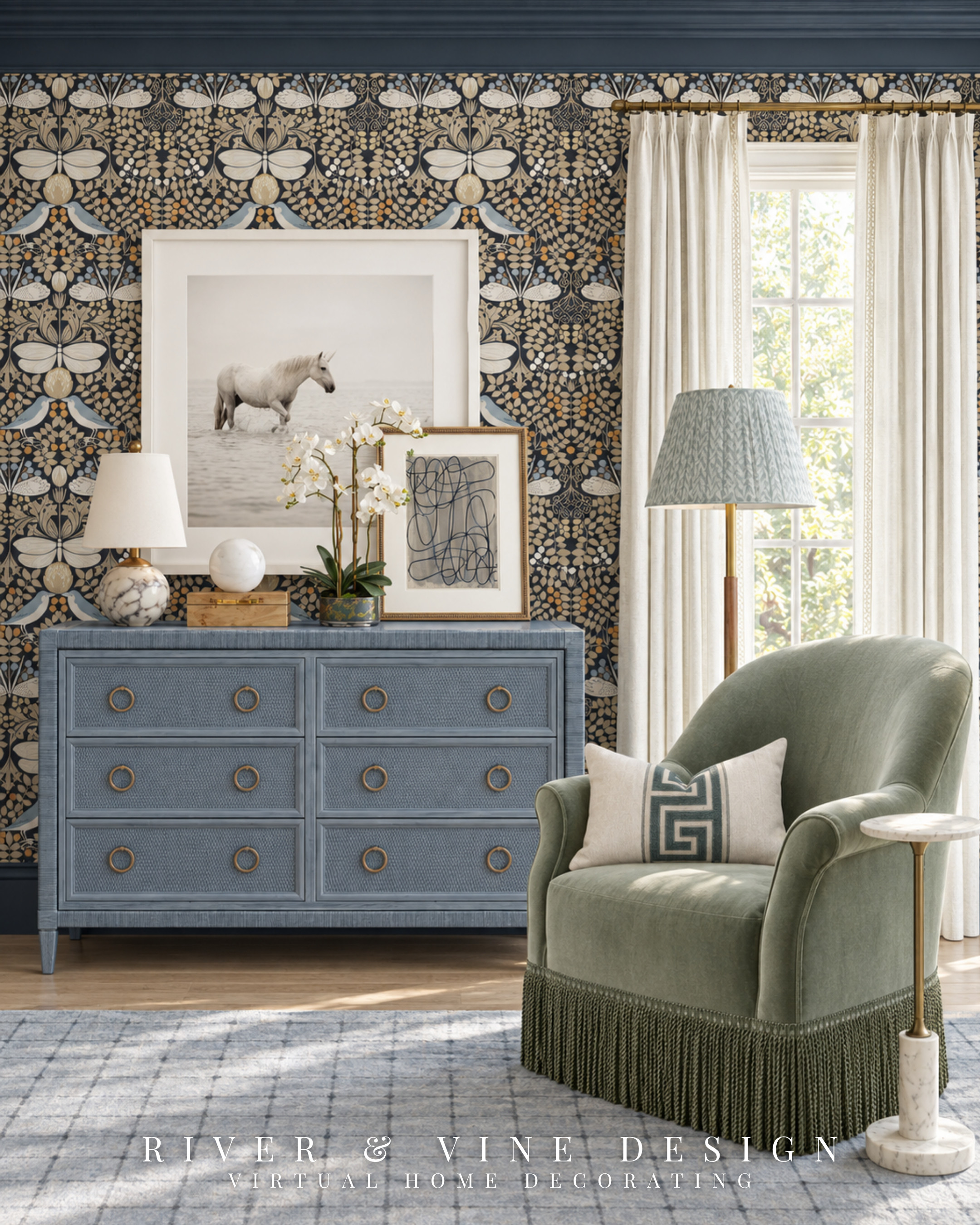 If you’re stuck choosing a dresser and accent chair, start with the colors in your pillows.

The floral pillows on the twin beds give us a palette to carry across this blue and green bedroom. The dresser repeats their blue, while the chair brings out the softer green in the floral print.

Try this when shopping: use a prominent pillow color for one furniture piece and a smaller accent color for another. It gives you a specific direction when the options feel endless.

Cream curtains and the white border around the artwork give those colors breathing room, continuing the balance created by the white bedding.

Shop the featured dresser, chair, and artwork to bring this combination into your own bedroom.

blue and green bedroom ideas, blue bedroom dresser, green accent chair, coordinating bedroom furniture, traditional bedroom decor, bedroom sitting area, equestrian wall art, botanical wallpaper bedroom

I may receive a commission from purchases made through my links.
 

 