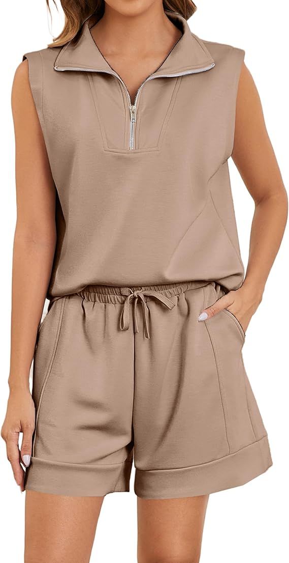 Women Two Piece Outfits Half Zip Lapel Collar Sleeveless Sweatshirt High Waist Sweat Shorts Loung... | Amazon (US)