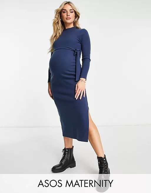 ASOS DESIGN Maternity super soft high neck midi sweater dress with belt in navy | ASOS (Global)