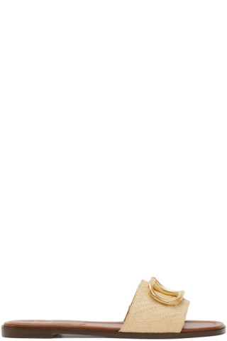 Beige Raffia Chevron VLogo Slides | SSENSE