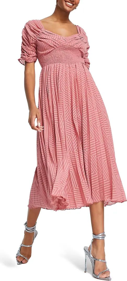 ASOS DESIGN Chevron Dobby Ruched Front Pleated Midi Dress | Nordstrom | Nordstrom